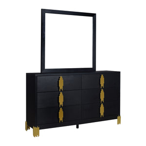 The Empire 2 Piece Dresser and Mirror Set in sleek black combines style and function seamlessly. This set includes a robust dresser and a matching mirror, both crafted from eco-friendly manufactured woods and decorative laminate for enduring durability. T