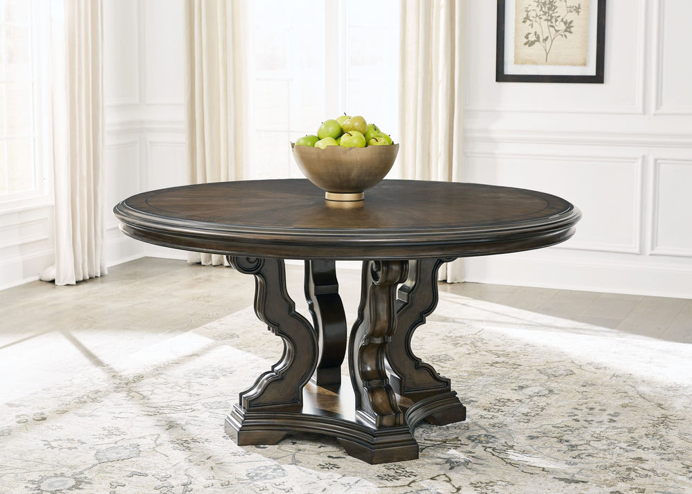 Taking its cue from the grandeur and grace of classic European furnishings, this dining table is nothing short of stunning. Traditional in every senseâ€”yet with a touch of modern classâ€”this table serves up style in a grand way. The look is timeless. Th
