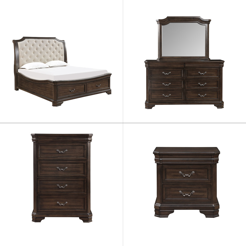 Discover the Lyndhurst 5 Piece Bedroom Set, a testament to enduring craftsmanship and timeless style. This set includes a stunning bed, 6-drawer dresser, mirror, 2-drawer nightstand, and 5-drawer chest, all in rich walnut brown. Crafted from solid Acacia,
