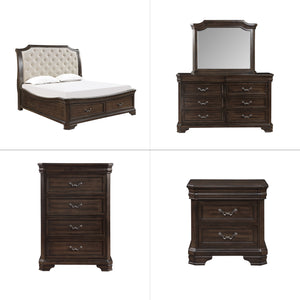 Discover the Lyndhurst 5 Piece Bedroom Set, a testament to enduring craftsmanship and timeless style. This set includes a stunning bed, 6-drawer dresser, mirror, 2-drawer nightstand, and 5-drawer chest, all in rich walnut brown. Crafted from solid Acacia,