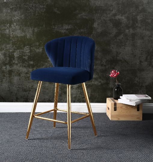 Rizgek - Counter Height Chair - Blue Velvet & Gold Finish