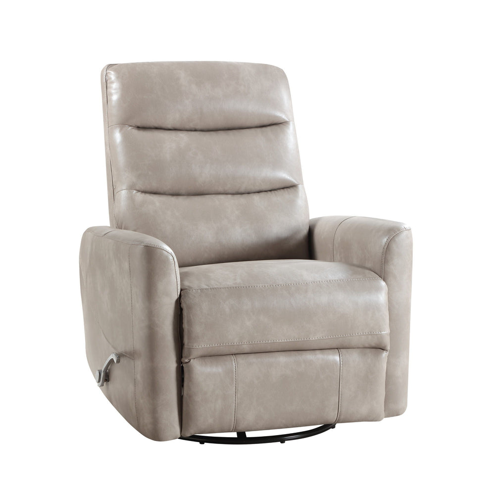 Discover the Takami Recliner, a sleek and contemporary addition to your living space. Equipped with an adjustable headrest and swivel base, this recliner effortlessly combines style and functionality. The triple roll backrest, featuring feather and foam c