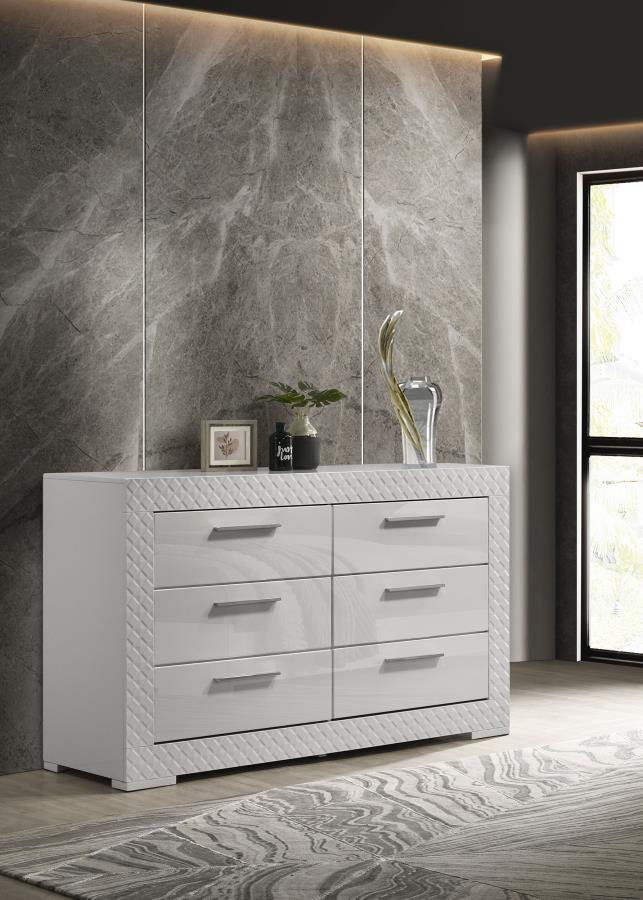 Elevate your bedroom decor with this stunning dresser, designed for both beauty and function. The high gloss finish enhances the contemporary Italian style, while the 3-dimensional diamond tile emboss adds a touch of sophistication. Six spacious drawers o
