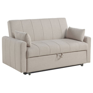 This modern sleeper sofa combines both style and function, featuring luxurious boucle fabric upholstery for a textured, inviting feel. Perfect for small spaces or multi-purpose rooms, the sofa showcases clean lines and vertical channel tufting, adding a c
