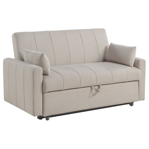 This modern sleeper sofa combines both style and function, featuring luxurious boucle fabric upholstery for a textured, inviting feel. Perfect for small spaces or multi-purpose rooms, the sofa showcases clean lines and vertical channel tufting, adding a c
