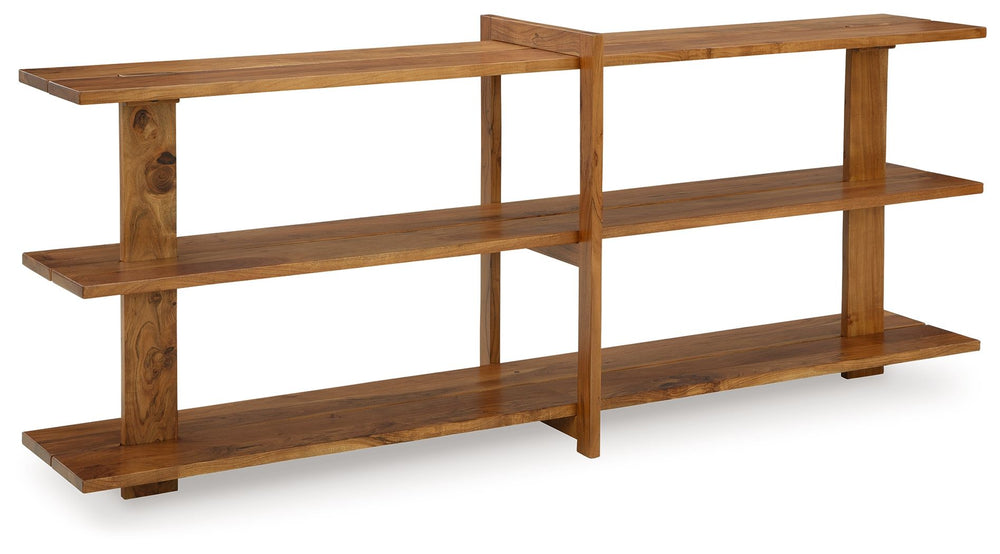 Leaning toward a clean, casually cool look? This solid wood console table is just your style. Its warm honey brown finish exudes an overall relaxed sensibility that feels like home. Three spacious shelves display accents effortlessly.<br><br><b>Additional