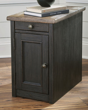  this chairside end table is all the talk of todayâ€™s design world. Wood grain shows through the weathered gray-brown top in all of its earthy pleasure. A pull-out tray with lovely traditional hardware has two