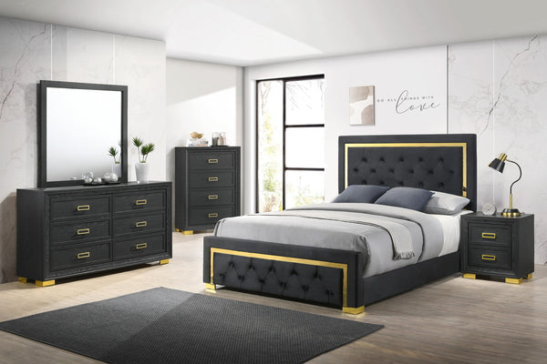  button-tufted headboard framed by a bold