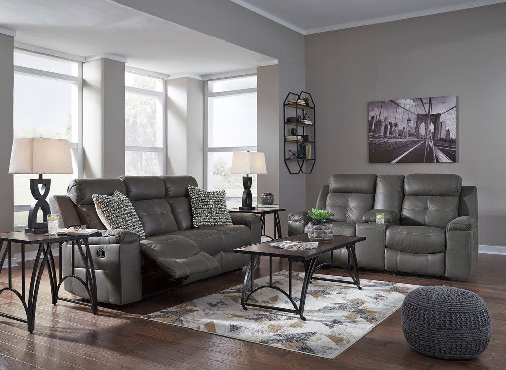 Rustic character comes forth in this dark gray reclining set. Designer stitching adds a fashion-forward touch to the soft cushions. Faux suede fabric speaks to your knack for superior-quality materials. High back provides ample support as you get off your