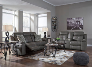 Rustic character comes forth in this dark gray reclining set. Designer stitching adds a fashion-forward touch to the soft cushions. Faux suede fabric speaks to your knack for superior-quality materials. High back provides ample support as you get off your