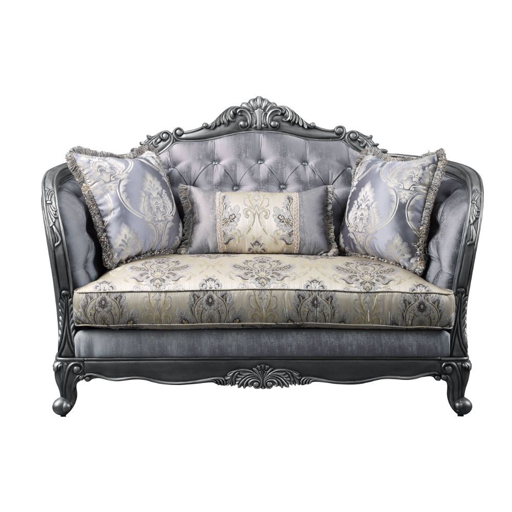 Ariadne - Loveseat w/3 Pillows - Fabric & Platinum - 65-"<br/><br/><b>Product Features</b><ul><li>Exclusive Design</li><li>Pillows Included</li><li>Material: Fabric</li><li>Tight Back & Loose Seat Cushion</li><li>Construction: Full Foam Seat, Wooden Inner