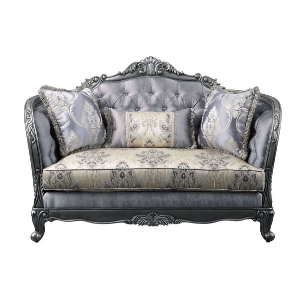 Ariadne - Loveseat w/3 Pillows - Fabric & Platinum - 65-"<br/><br/><b>Product Features</b><ul><li>Exclusive Design</li><li>Pillows Included</li><li>Material: Fabric</li><li>Tight Back & Loose Seat Cushion</li><li>Construction: Full Foam Seat, Wooden Inner