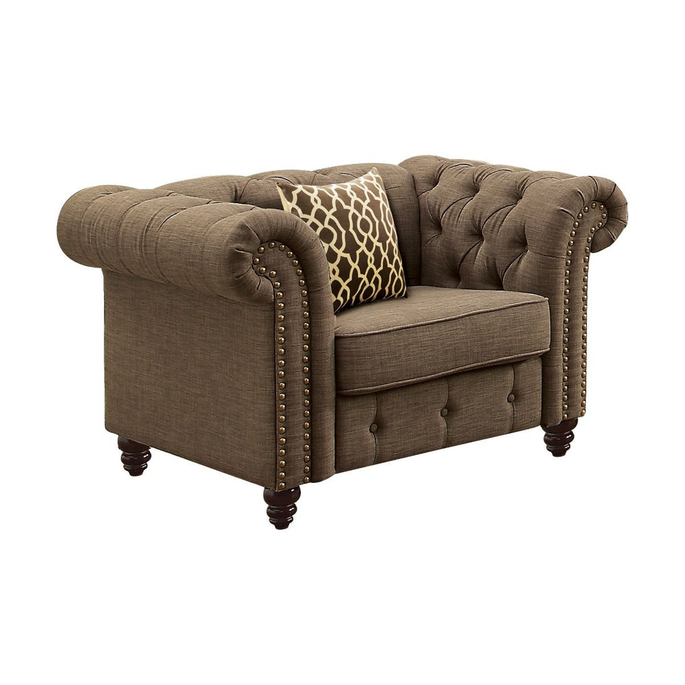 Aurelia sofa collection upholstered in gray & beige color linen fabric. Comfort and style define this sofa collection. This sofa and loveseat are detailed with classic details like deep button tufts and plush, sheltering arms. Adorned with button tufting 