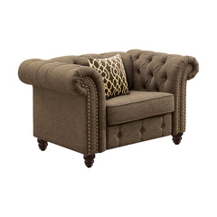 Aurelia sofa collection upholstered in gray & beige color linen fabric. Comfort and style define this sofa collection. This sofa and loveseat are detailed with classic details like deep button tufts and plush, sheltering arms. Adorned with button tufting 