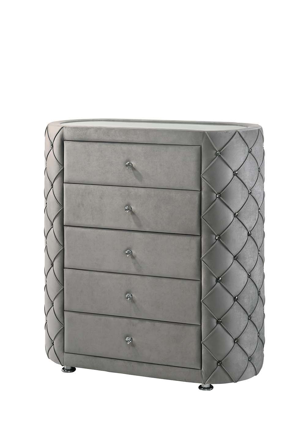 The Perine Collection is luxuriously designed and upholstered in sumptuous gray velvet and features black piping. The hardwood wooden frame is designed for long-lasting enjoyment. The crown design on the headboard and footboard adds some drama to the bed.