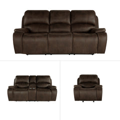 Experience unmatched comfort and style with the 3 Piece Brookings Reclining Sofa, Console Loveseat & Glider Recliner with Power Headrest & Footrest in rustic brown. Upholstered in a luxurious leather-look polyester/pu fabric, this set offers the sophistic