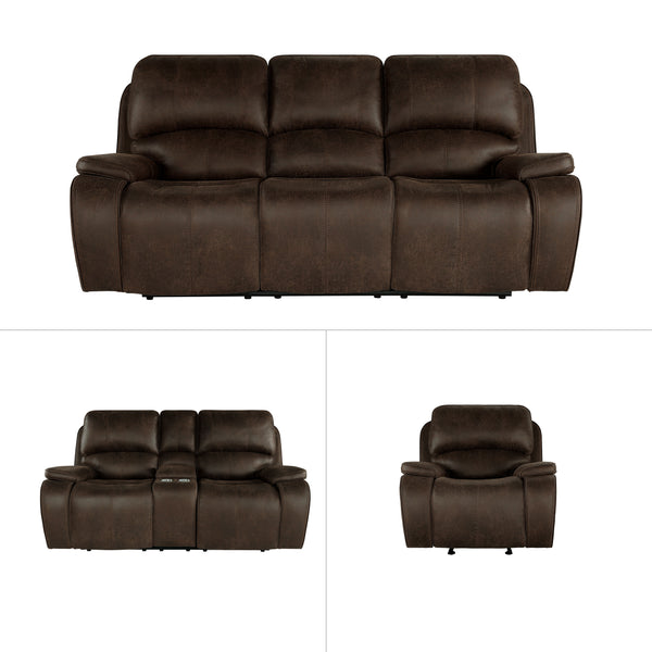 Experience unmatched comfort and style with the 3 Piece Brookings Reclining Sofa, Console Loveseat & Glider Recliner with Power Headrest & Footrest in rustic brown. Upholstered in a luxurious leather-look polyester/pu fabric, this set offers the sophistic