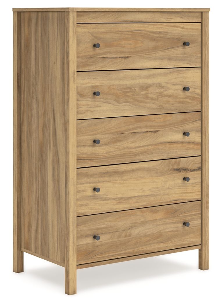 This chest of drawers puts the dream of a casual bedroom retreat beautifully within reach. A warm light brown finish over replicated hickory grain exudes a homey vibe. The smooth-gliding drawers are packed with storage possibilities. Itâ€™s a simply relax