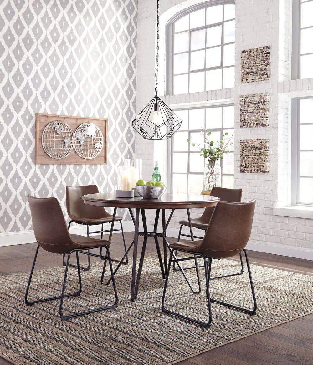 Mid-century inspired design using Mindi veneers, engineered board and hardwood solids. Table tops are made with Mindi veneer with a casual warm brown finish paired with metal base in a brushed dark bronze color finish that has a warm color quality. Angled