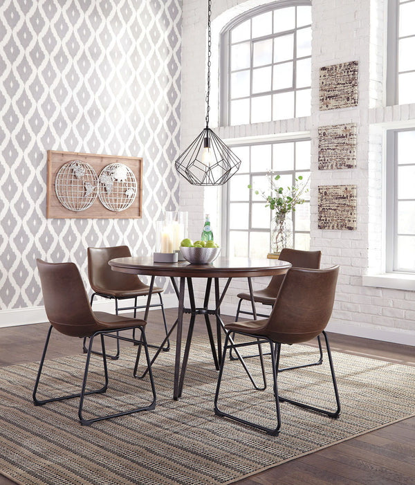 Mid-century inspired design using Mindi veneers, engineered board and hardwood solids. Table tops are made with Mindi veneer with a casual warm brown finish paired with metal base in a brushed dark bronze color finish that has a warm color quality. Angled