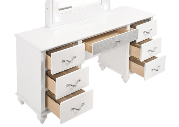  chic vanity features a bright white finish offset by polished chrome handles encrusted with glimmering di