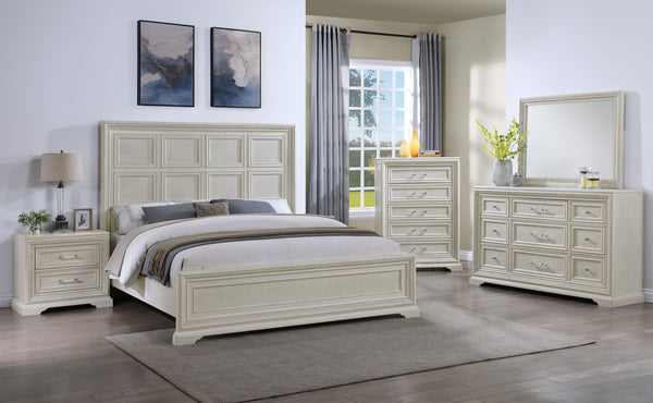 Introducing a bedroom collection that brings a breath of fresh sophistication to any living space. This suite boasts a bright, antique white finish that immediately brightens and opens up a room, providing a versatile foundation for any decor style. The b