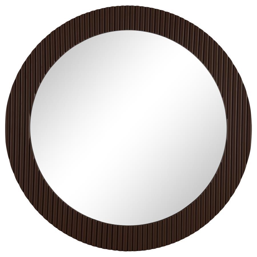 Offer artisan or industrial flair in any space with the textural flair of this round wall mirror. It-'s a modern design that features flat glass for easy reflectivity in any space. The round profile is accentuated with a MDF frame with fluting that create