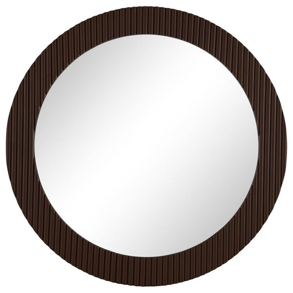 Offer artisan or industrial flair in any space with the textural flair of this round wall mirror. It-'s a modern design that features flat glass for easy reflectivity in any space. The round profile is accentuated with a MDF frame with fluting that create
