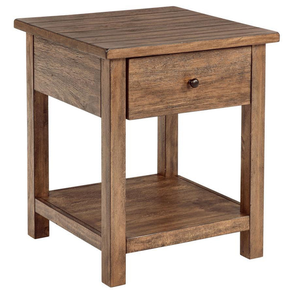 This rustic end table merges classic style with practical storage, making it a charming focal point in any living room. Built from pine wood and reinforced with engineered wood, its square silhouette highlights a subtle, timeworn aesthetic. An integrated 