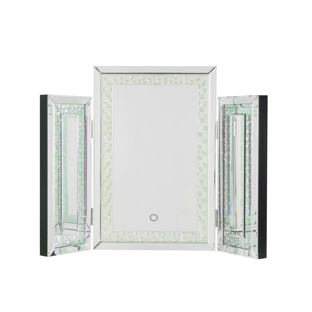Display your dazzling sense of style by topping your vanity with the Nysa tri-fold mirror. This trifold mirror features a beveled mirrored frame with faux crystal inlay and LED lighting. Each piece is hinged, allowing you to adjust the position of the sid