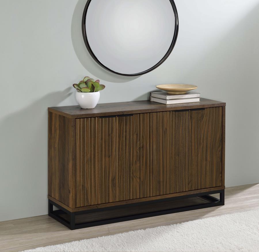 Clean lines and a bold finish beef up the aesthetics of an accent cabinet that will transform your dining room or living space in sleek style. The Ryatt accent cabinet delivers rustic beauty with a dark pine finish over wood products construction. A hint 
