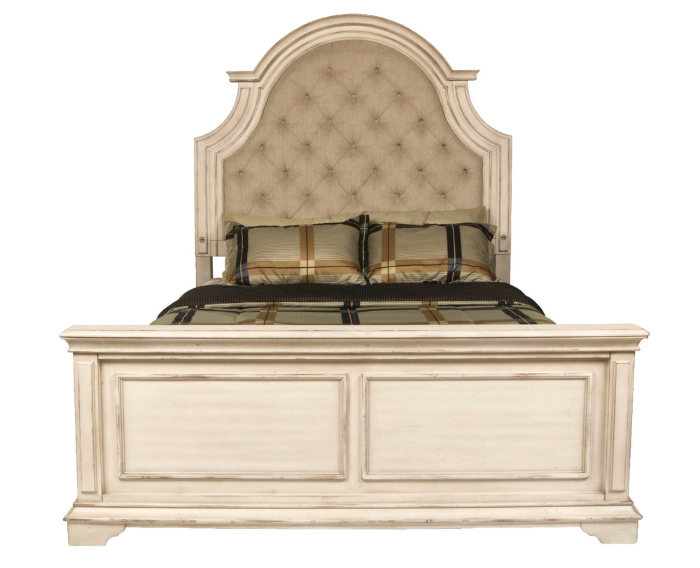 Romance your bedroom with the New Classic Furniture Anastasia Bed, a marvel of real wood construction crafted from solid poplar and oak veneer for unparalleled durability. The heirloom finish, achieved through a meticulous multi-step process involving wir