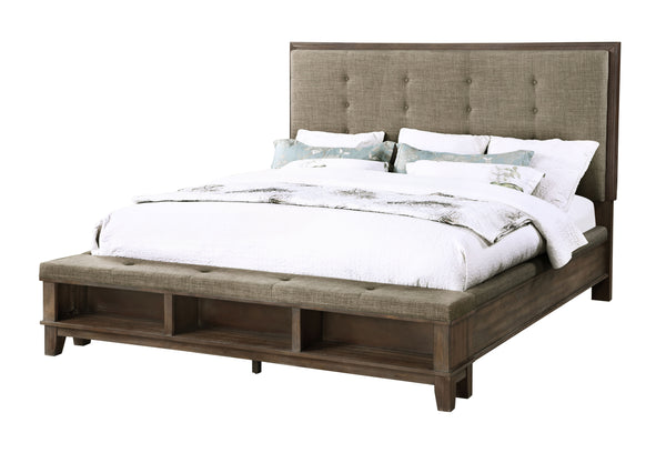 The Cagney Storage Bed in Vintage Gray is a perfect fusion of durability, timeless charm, and practical design, making it an exceptional centerpiece for any bedroom. This meticulously crafted bed includes a button-tufted upholstered panel headboard, a ben