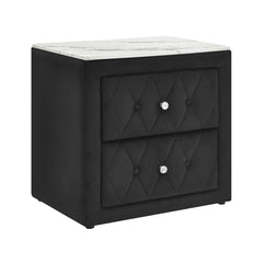 This elegant nightstand brings a touch of luxury to any bedroom with its rich, velvety texture and diamond-patterned tufting. The soft, plush exterior is complemented by gleaming crystal-like drawer knobs, adding a hint of glamour. With two spacious drawe