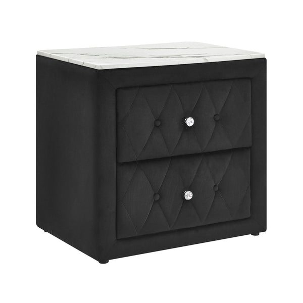 This elegant nightstand brings a touch of luxury to any bedroom with its rich, velvety texture and diamond-patterned tufting. The soft, plush exterior is complemented by gleaming crystal-like drawer knobs, adding a hint of glamour. With two spacious drawe