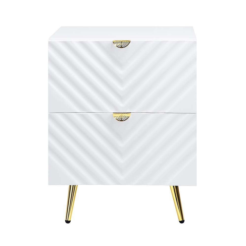 The Gaines Collection is a glamorous and sophisticated grouping that adds a chic style to any room. The white gloss finish and gold metal accents help to accentuate the clean lines of the pieces and add a pop of glamour. The diagonal line design adds visu