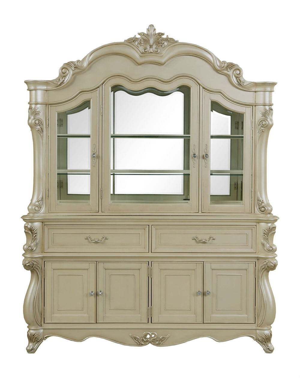 The Monique China Buffet in Champagne is a perfect blend of timeless elegance and robust craftsmanship. This exquisite piece is crafted from poplar solids and birch veneers, ensuring exceptional strength and durability. Reflecting the opulence of classic 