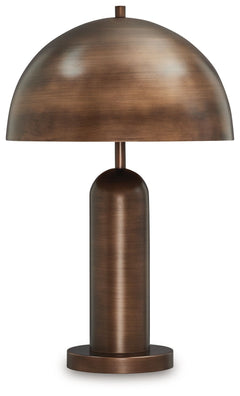 Dome sweet dome. Shine a light on your love of all things contemporary with this table lamp. Its sleek antiqued copper-tone finish and bold, columnar design add a brilliantly modern touch to any room. A dome-shaped shade provides a warm and focused light,
