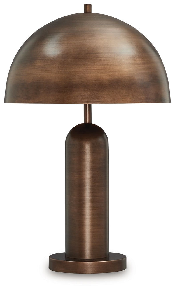 Dome sweet dome. Shine a light on your love of all things contemporary with this table lamp. Its sleek antiqued copper-tone finish and bold, columnar design add a brilliantly modern touch to any room. A dome-shaped shade provides a warm and focused light,
