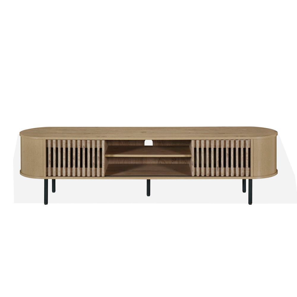 The Brax 70" TV Console with Sliding Doors in Natural Beige combines sturdy, eco-friendly construction with ample storage and modern style. Crafted from manufactured wood and covered in durable, environmentally friendly decorative laminate, this console i