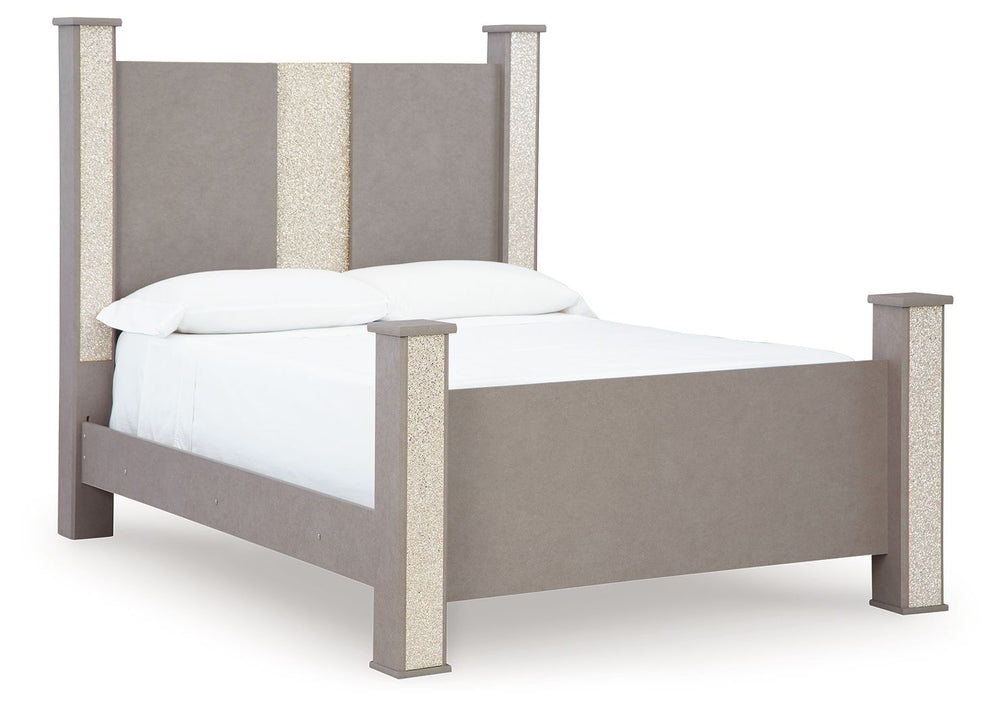 Love sleek and bold contemporary style? Drink in the beauty of this queen poster bed. The piece-'s eye-catching details include a leather grain look, glam glitter accents and remote-controlled LED lighting. Combined with the streamlined aesthetic, it-'s a
