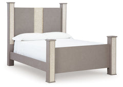 Love sleek and bold contemporary style? Drink in the beauty of this queen poster bed. The piece-'s eye-catching details include a leather grain look, glam glitter accents and remote-controlled LED lighting. Combined with the streamlined aesthetic, it-'s a