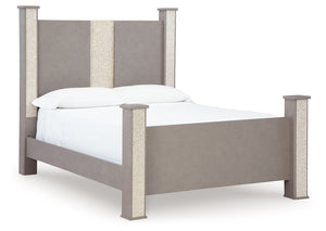 Love sleek and bold contemporary style? Drink in the beauty of this queen poster bed. The piece-'s eye-catching details include a leather grain look, glam glitter accents and remote-controlled LED lighting. Combined with the streamlined aesthetic, it-'s a
