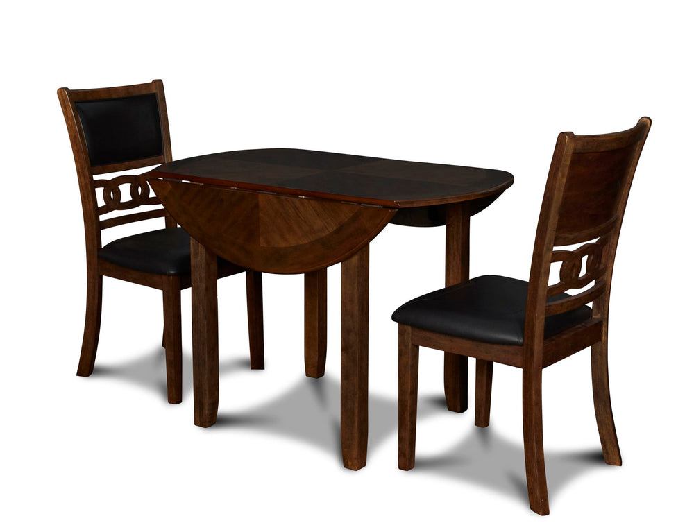 The small space friendly Gia Drop Leaf Dining Table and Chair Set has two 8" drop down leaves that transform this dining table from a 42" round dining set to 24" wide, fitting into compact spaces with ease. The dining table and chair legs are crafted of s