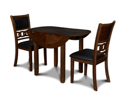 The small space friendly Gia Drop Leaf Dining Table and Chair Set has two 8" drop down leaves that transform this dining table from a 42" round dining set to 24" wide, fitting into compact spaces with ease. The dining table and chair legs are crafted of s