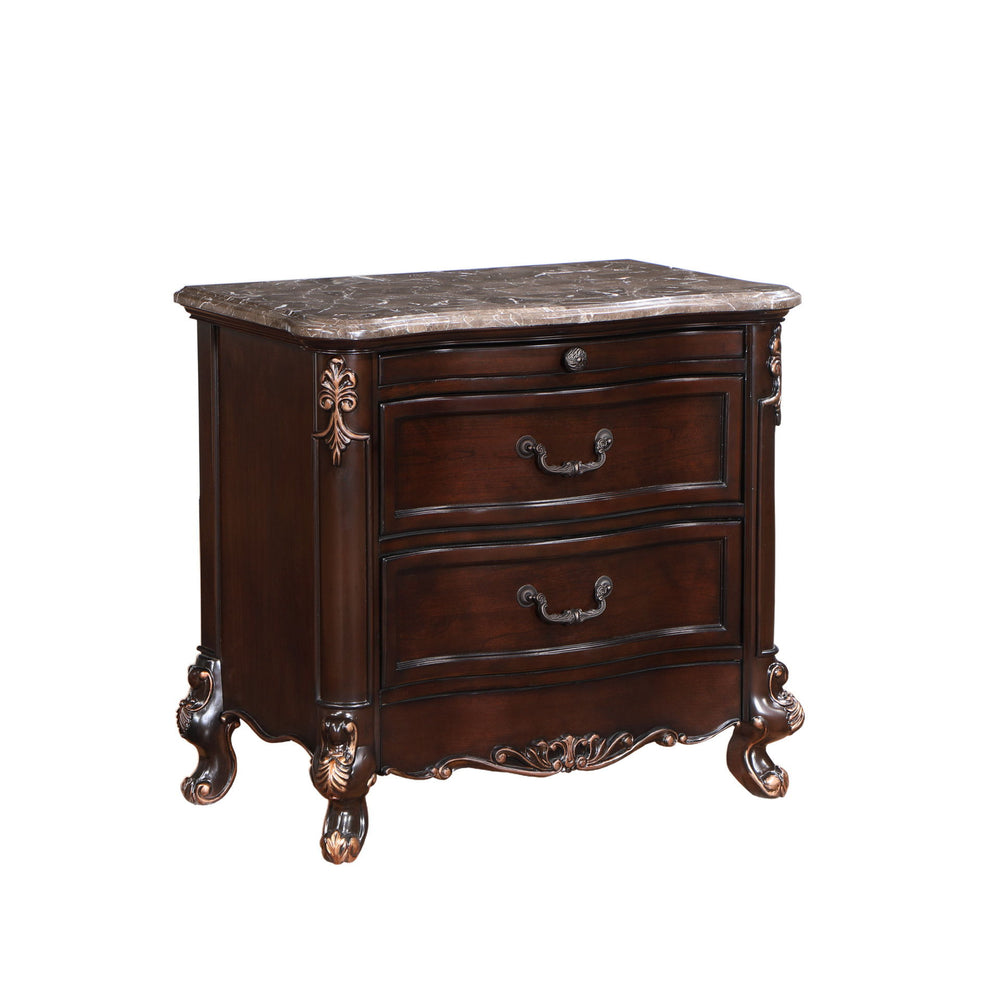 The Constantine Marble Top Two Drawer Nightstand by Royal Classics is a blend of timeless elegance and modern functionality. This nightstand, available in a rich Cherry finish, is crafted from Solid Pine and Fancy Face Birch Veneers, ensuring heirloom qua