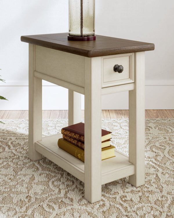  youâ€™ll find this chairside end table dressed to impress. Its two-tone finish pairs weathered oak with antique white for that much more quaint character. Charming elements include a p