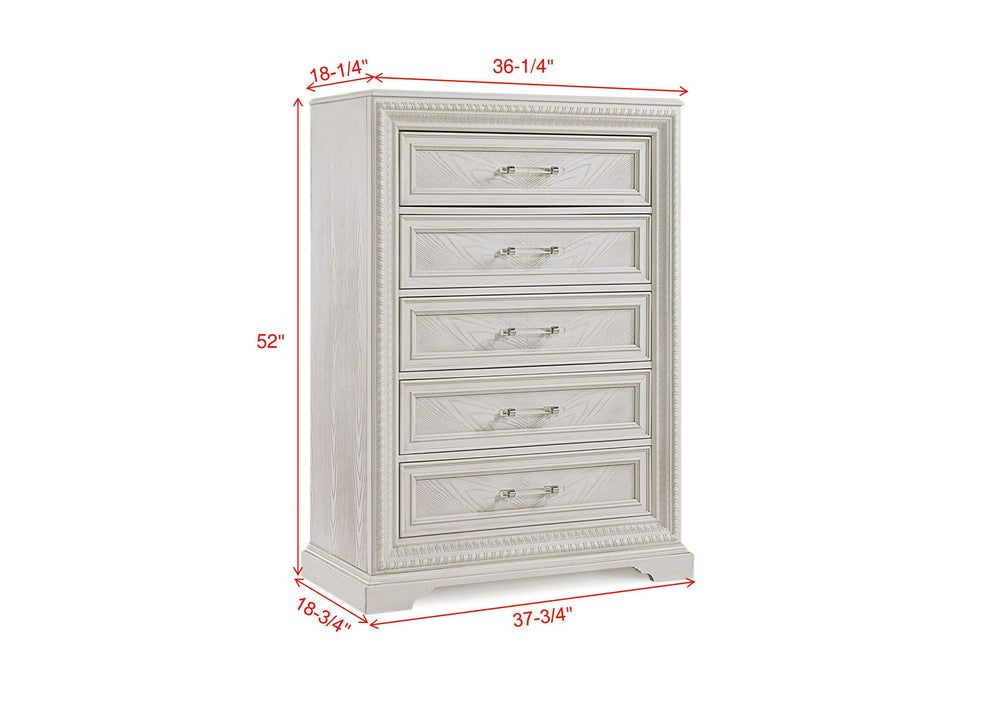 Introducing a bedroom collection that brings a breath of fresh sophistication to any living space. This suite boasts a bright, antique white finish that immediately brightens and opens up a room, providing a versatile foundation for any decor style. The b