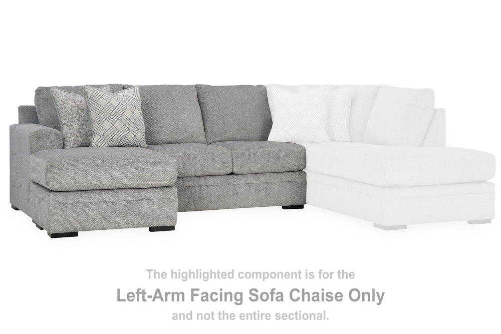 This left-arm facing sofa chaise is made with polyester upholstery. Pairs with other items in the series to make a sectional.<br><br><b>Additional Dimensions</b><br><ul><li>Arm height: 28-"</li><li>Seat depth: 45-"</li><li>Seat height: 22-"</li><li>Top of
