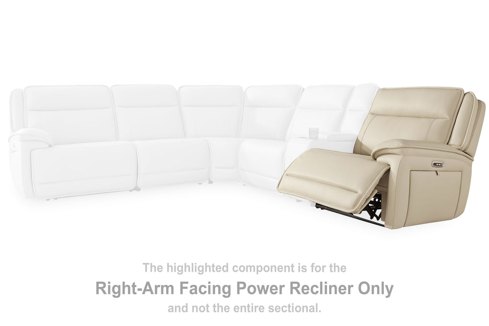 This right-arm facing power recliner is made with leather and faux leather upholstery. Pairs with other items in the series to make a sectional.<br><br><b>Additional Dimensions</b><br><ul><li>Seat width: 30-"</li><li>Seat depth: 22.38-"</li><li>Seat heigh